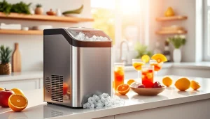 Ice maker showcased on a kitchen countertop, enhancing drink preparation.