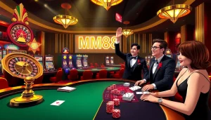 MM88 players celebrating a win at a luxurious casino with vibrant slot machines.