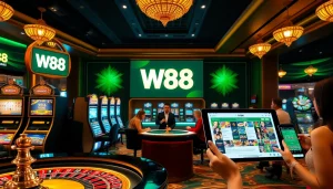 Experience the thrilling excitement of casino gaming with the W88 link showcased in a vibrant online gambling scene.