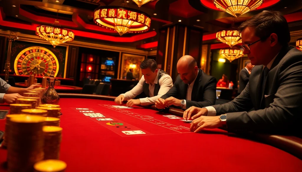 High-stakes poker players engaging at SODO-themed casino table filled with colorful chips and cards.