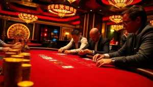 High-stakes poker players engaging at SODO-themed casino table filled with colorful chips and cards.