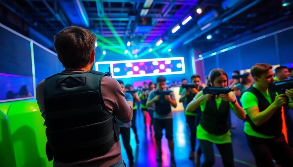Players immerse in an exciting laser tag match, showcasing tactical action in a vibrant arena.