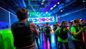 Players immerse in an exciting laser tag match, showcasing tactical action in a vibrant arena.