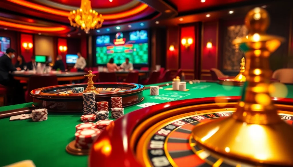 Visualizing an exciting casino scene with link alternatif sbobet elements, showcasing poker chips and cards in action.