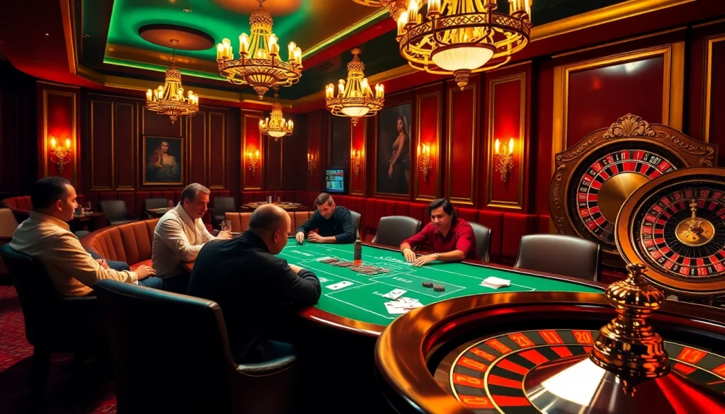 Engaged players at a poker table in a luxurious casino scene at https://rr88c.mobi/ showcasing excitement and elegance.