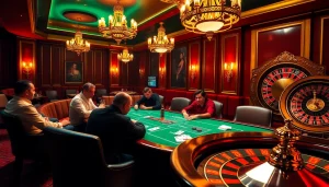 Engaged players at a poker table in a luxurious casino scene at https://rr88c.mobi/ showcasing excitement and elegance.