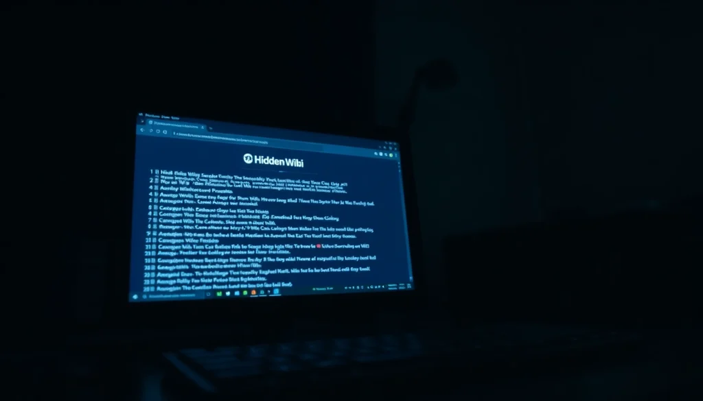 The hidden wiki dark web displayed on a computer screen in a dimly lit room, highlighting .onion links and a mysterious atmosphere.