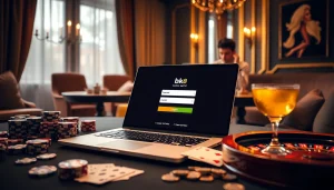 Engaging with the bk8 login interface in a sophisticated casino environment filled with poker chips and cards.