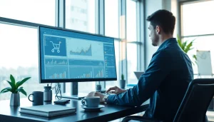 Software engineering workspace with innovative data analysis tools and a developer.