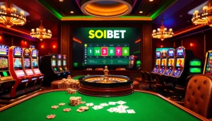 Engage in thrilling games at SOIBET with a vibrant online gambling interface showcasing casino tables, cards, and betting elements.