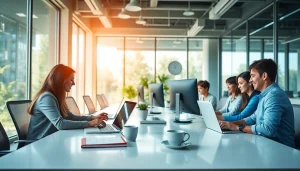 专业人员在明亮的办公室协作，使用 WPS 软件提升生产力。