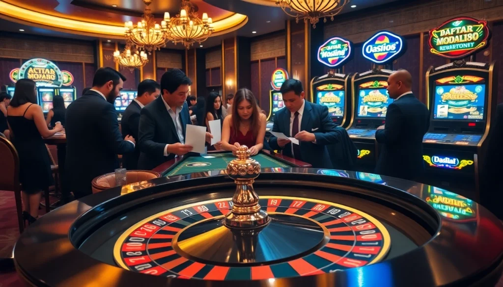 Experience the thrill of gambling with Daftar Modal138 at a bustling casino table filled with excitement.