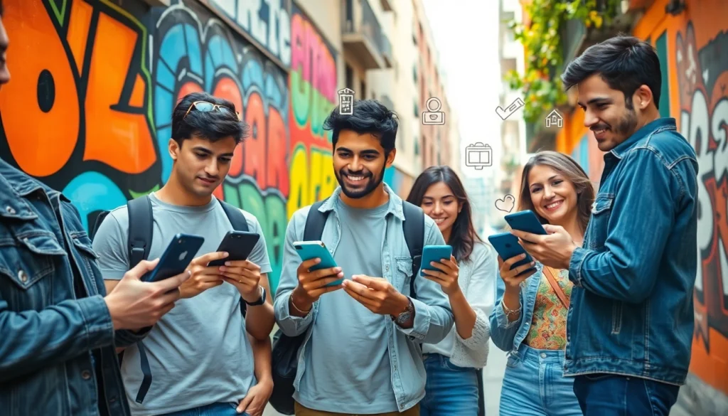 Discover OnlyFans Nearby Creators in an exciting urban scene with diverse individuals engaging with their smartphones.