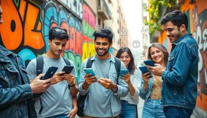 Discover OnlyFans Nearby Creators in an exciting urban scene with diverse individuals engaging with their smartphones.