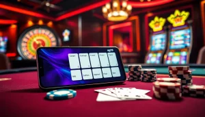 Cảnh casino hấp dẫn thể hiện giao diện ứng dụng CG79 với các chip cược poker và bánh xe roulette.