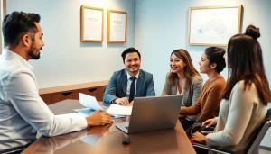 Migration lawyer Melbourne discussing visa options with a diverse couple in a modern office.