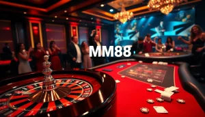 Gambling excitement at MM88 casino with roulette wheels and poker tables in luxury setting.