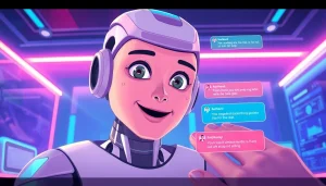 Engaging NSFW AI character interacting with users in a futuristic chat environment.