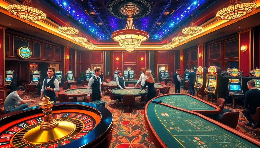 Một cảnh casino sống động với người chơi tại bàn Roulette và Poker, thể hiện sự phấn khích và sang trọng cùng các yếu tố cg 79.