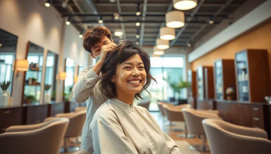 Stylish salon perm service in San Diego, showcasing expert hairstylist and happy client.