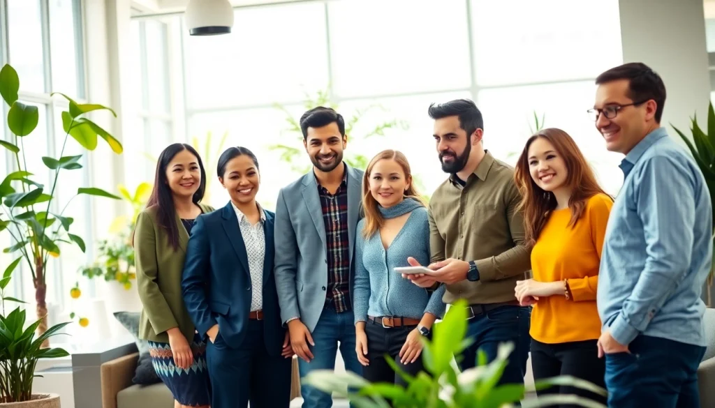 Engaged professionals discussing on-demand sales talent opportunities in a modern office.