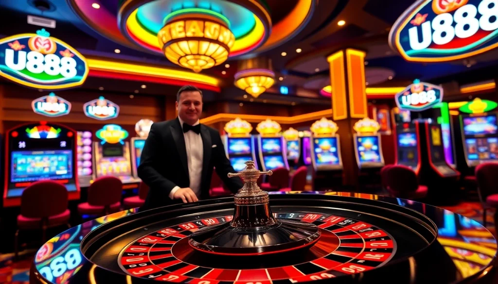 Experience the thrill of u888 with vibrant casino scenes featuring roulette tables, cards, and dynamic gaming.