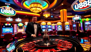 Experience the thrill of u888 with vibrant casino scenes featuring roulette tables, cards, and dynamic gaming.
