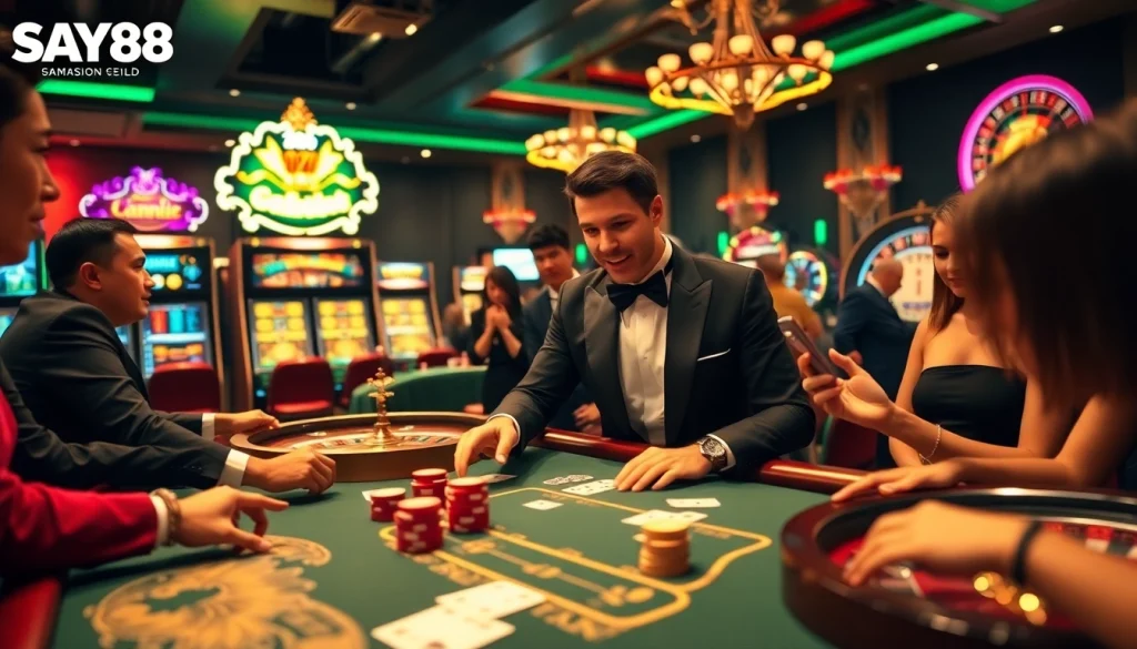 Experience thrilling action at SAY88's vibrant casino tables with excited players engaging in games.
