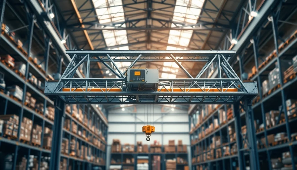 Double girder bridge crane lifting heavy materials in a modern warehouse setting.