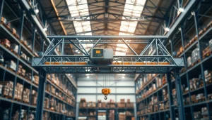 Double girder bridge crane lifting heavy materials in a modern warehouse setting.