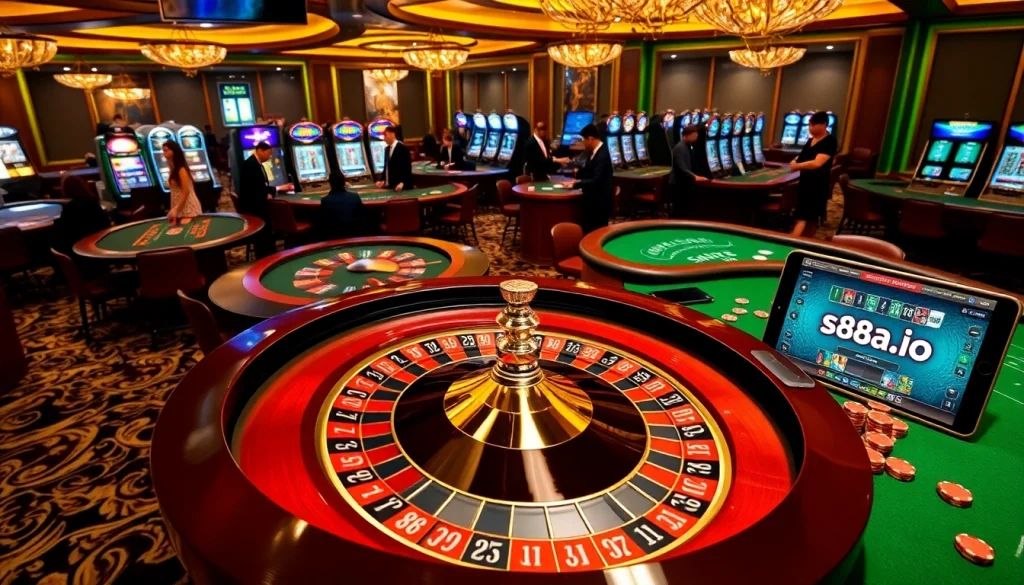 Experience the thrill of s88a.io with vibrant casino tables and glowing slot machines.