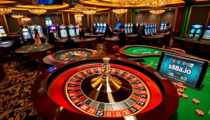 Experience the thrill of s88a.io with vibrant casino tables and glowing slot machines.