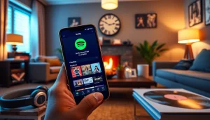 Explore the Spotify mod APK user interface on a smartphone in a cozy setting, emphasizing vibrant music features.