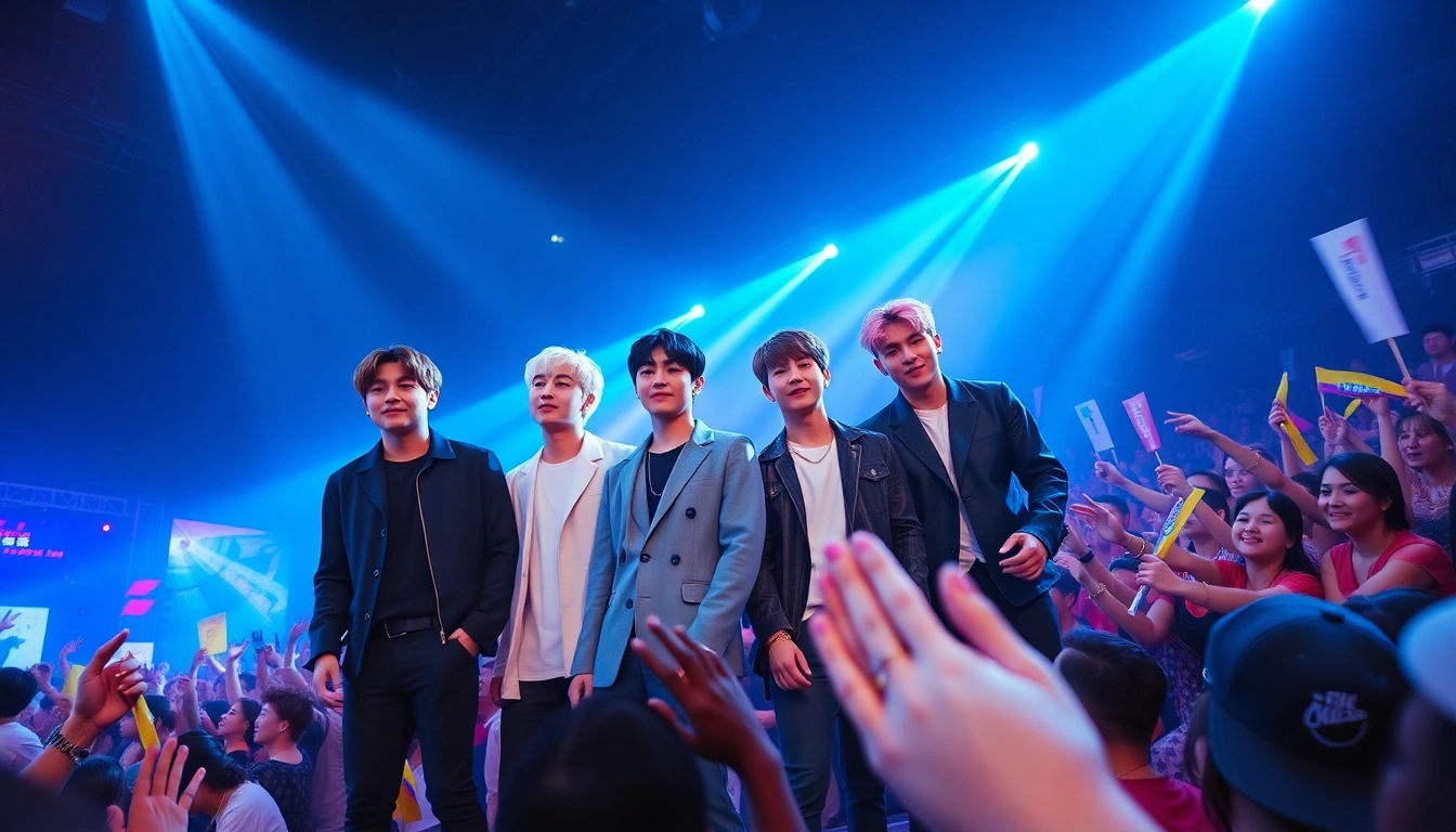 BTS members performing energetically on stage, captivating fans during a concert.