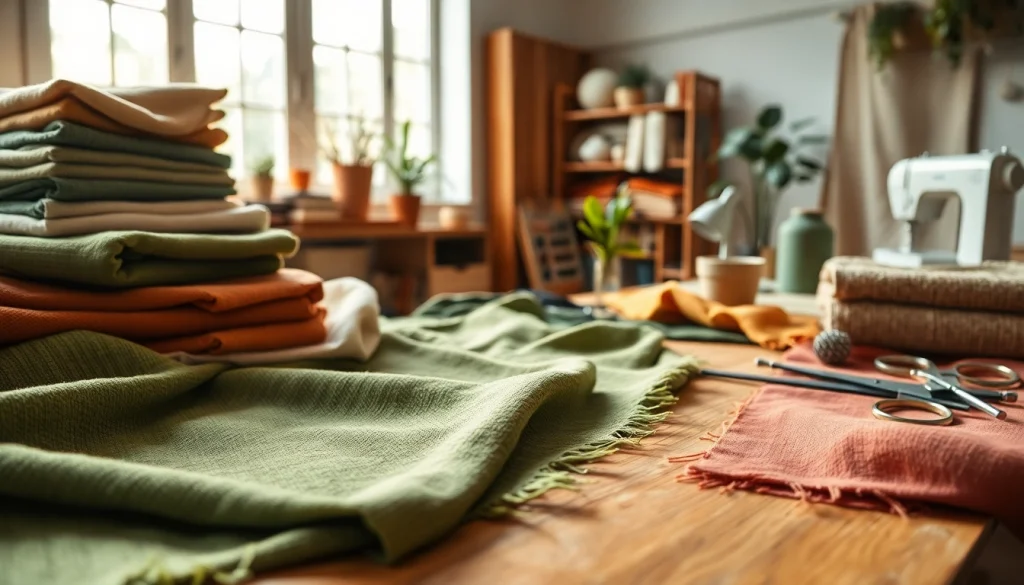 Duurzame stoffen assortiment met kleurrijke, textuurvolle stoffen op een houten tafel.