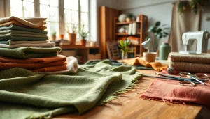 Duurzame stoffen assortiment met kleurrijke, textuurvolle stoffen op een houten tafel.