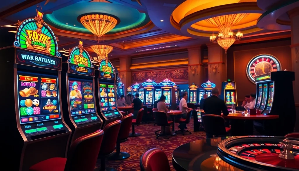 Engaging scene of slot 2d machines in a bustling casino, showcasing vibrant colors and excitement.