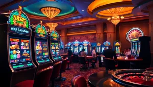 Engaging scene of slot 2d machines in a bustling casino, showcasing vibrant colors and excitement.