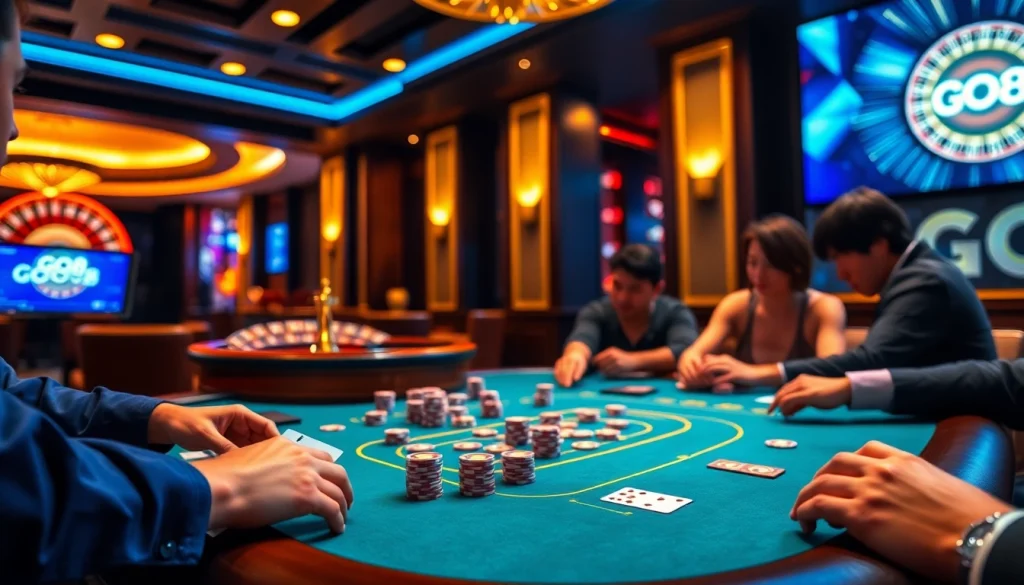 Engaged players enjoying a thrilling GO88 poker game at a luxury casino table.
