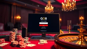 Experience luxury at GO8 đăng nhập with an elegant casino setup featuring poker chips and a roulette wheel.