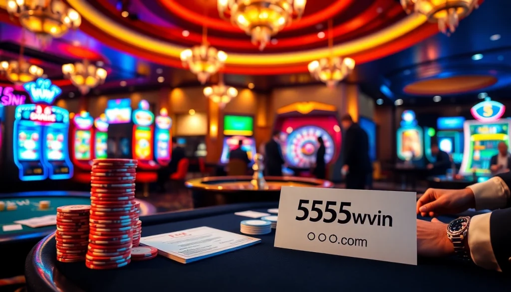This vibrant casino scene illustrates the excitement of 555win com, featuring high-stakes poker and slot machines.