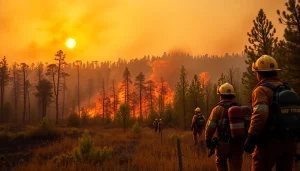 Firefighters battling wildfire events with intense flames in a dramatic landscape.