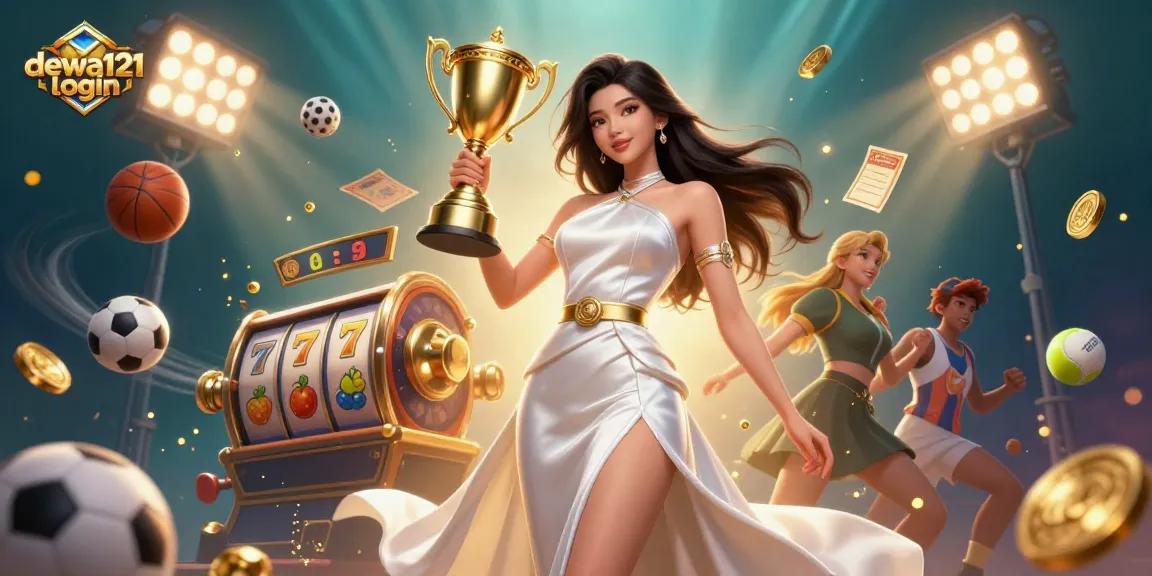 Dewa121 login menampilkan seorang wanita percaya diri dengan trofi di tengah elemen permainan slot yang berwarna-warni.