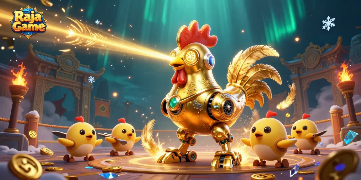 Engage with Raja Game's thrilling experience, featuring a golden rooster robot and vibrant casino elements.